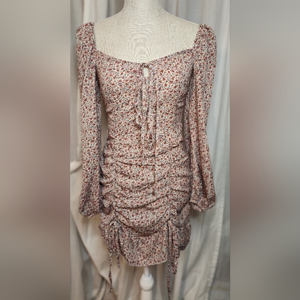 New Shein Tie Neck Drawstring Knot Ruffle Hem Ditsy Floral Dress Size XS